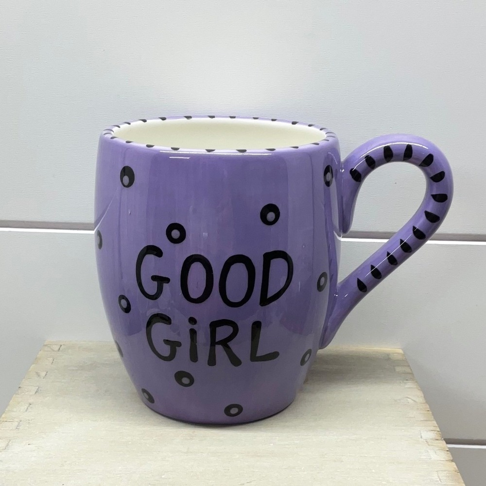 Our Name is Mud Lorrie Veasey Good Girl Purple Polka Dot Ceramic Coffee Mug 4.5"